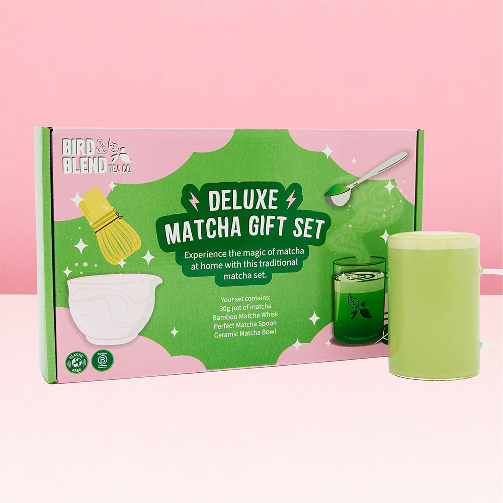 deluxe matcha gift set and hot matcha latte