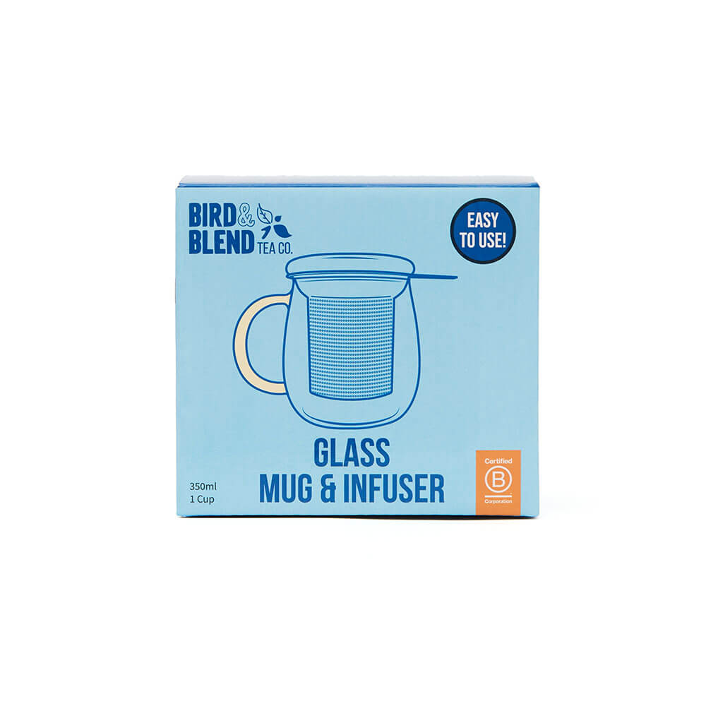 glass tea infuser mug with blue packaging