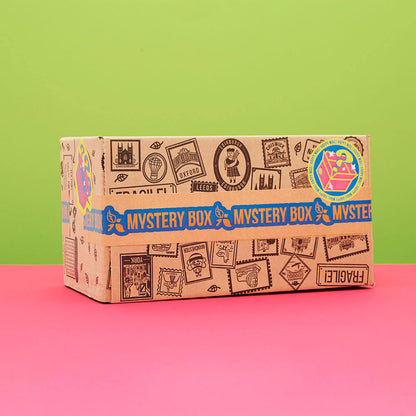 green and pink background with mystery tea box