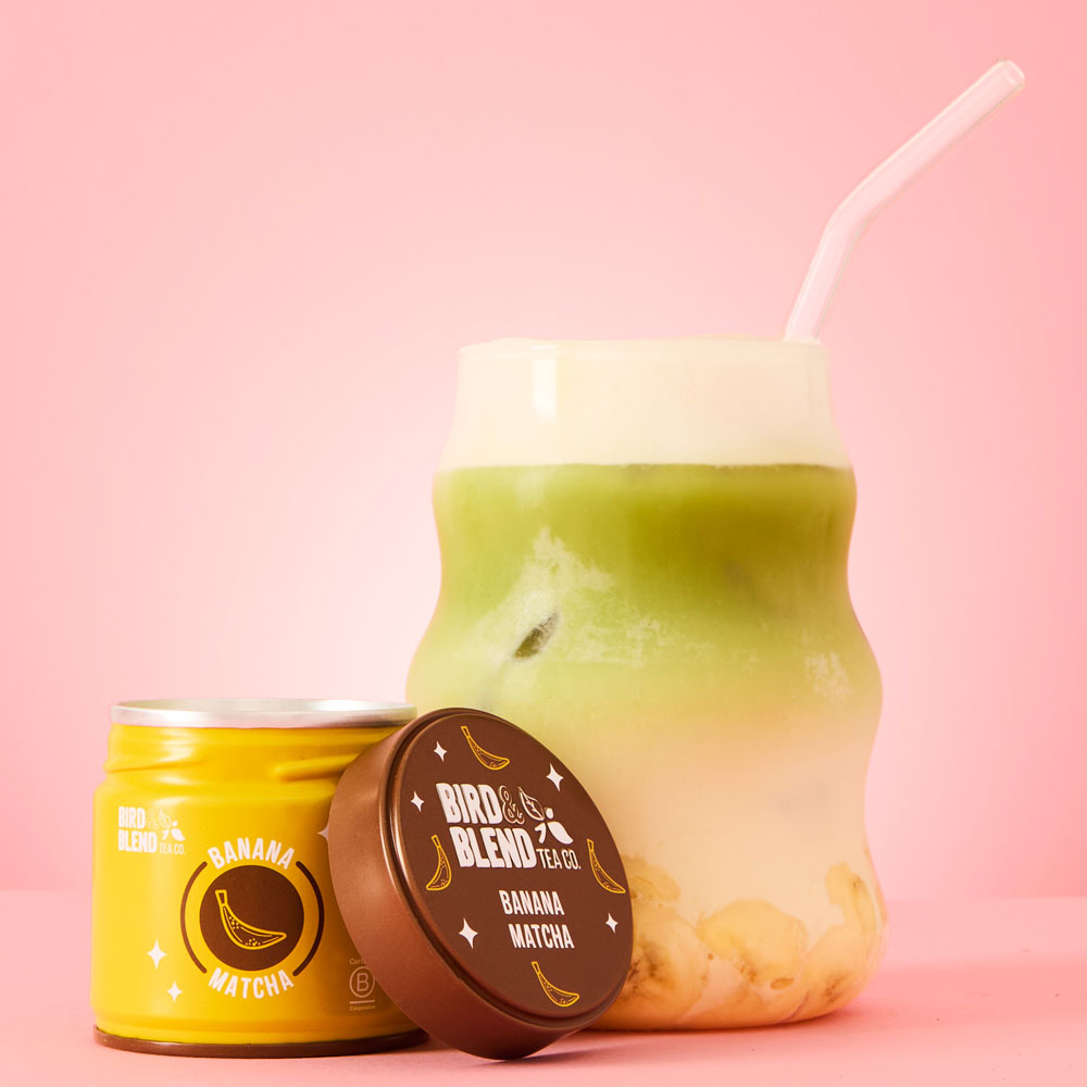 iced banana matcha &amp; matcha tin