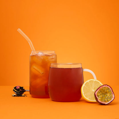 island sunrise black iced &amp; hot tea &amp; spoon with loose leaf in it