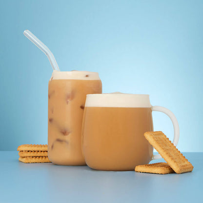 malted milk biscuit &amp; malted milk hot &amp; iced tea latte in cup &amp; mug