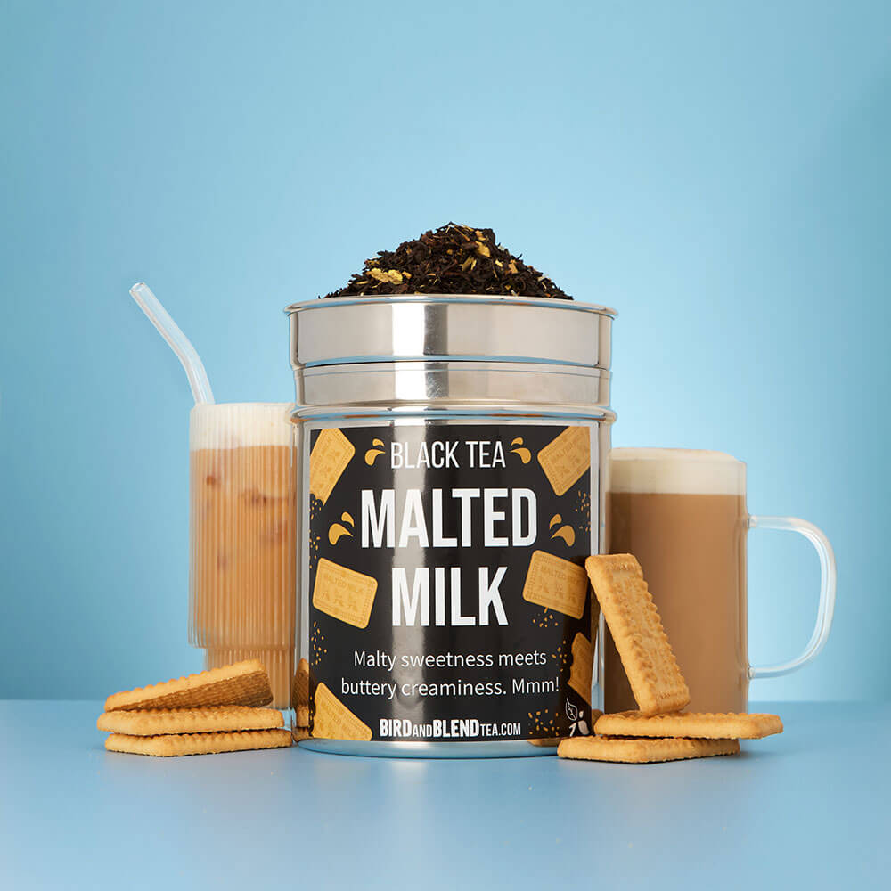 malted milk biscuit &amp; malted milk hot &amp; iced tea latte in cup &amp; mug &amp; malted milk loose leaf custom tea tin