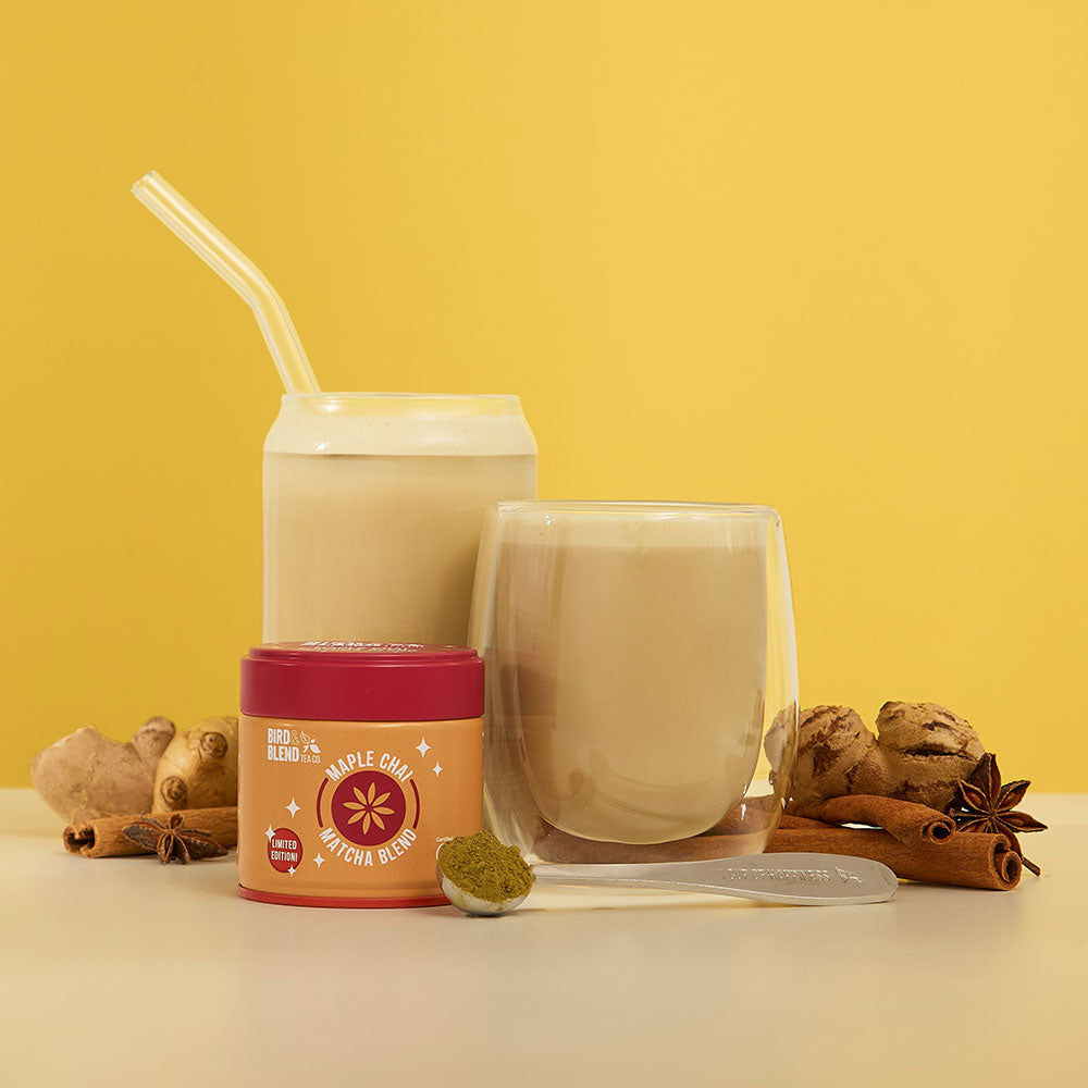 maple chai matcha hot & iced matcha & latte & tin & perfect tea spoon filled with matcha powder with chai spices