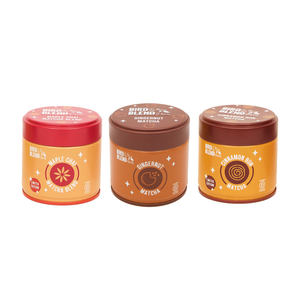 maple chai matcha blend and gingernut matcha and cinnamon bun matcha tin