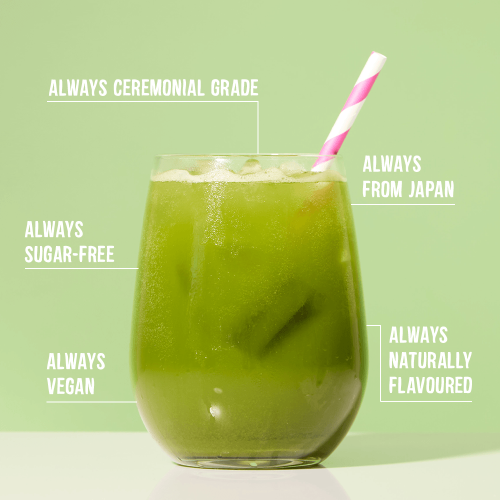 Iced Vanilla ice cream matcha soda with pinka nd white straw and matcha promises stating always ceremonial grade &amp; from japan &amp; naturally flavoured &amp; vegan &amp; sugar free