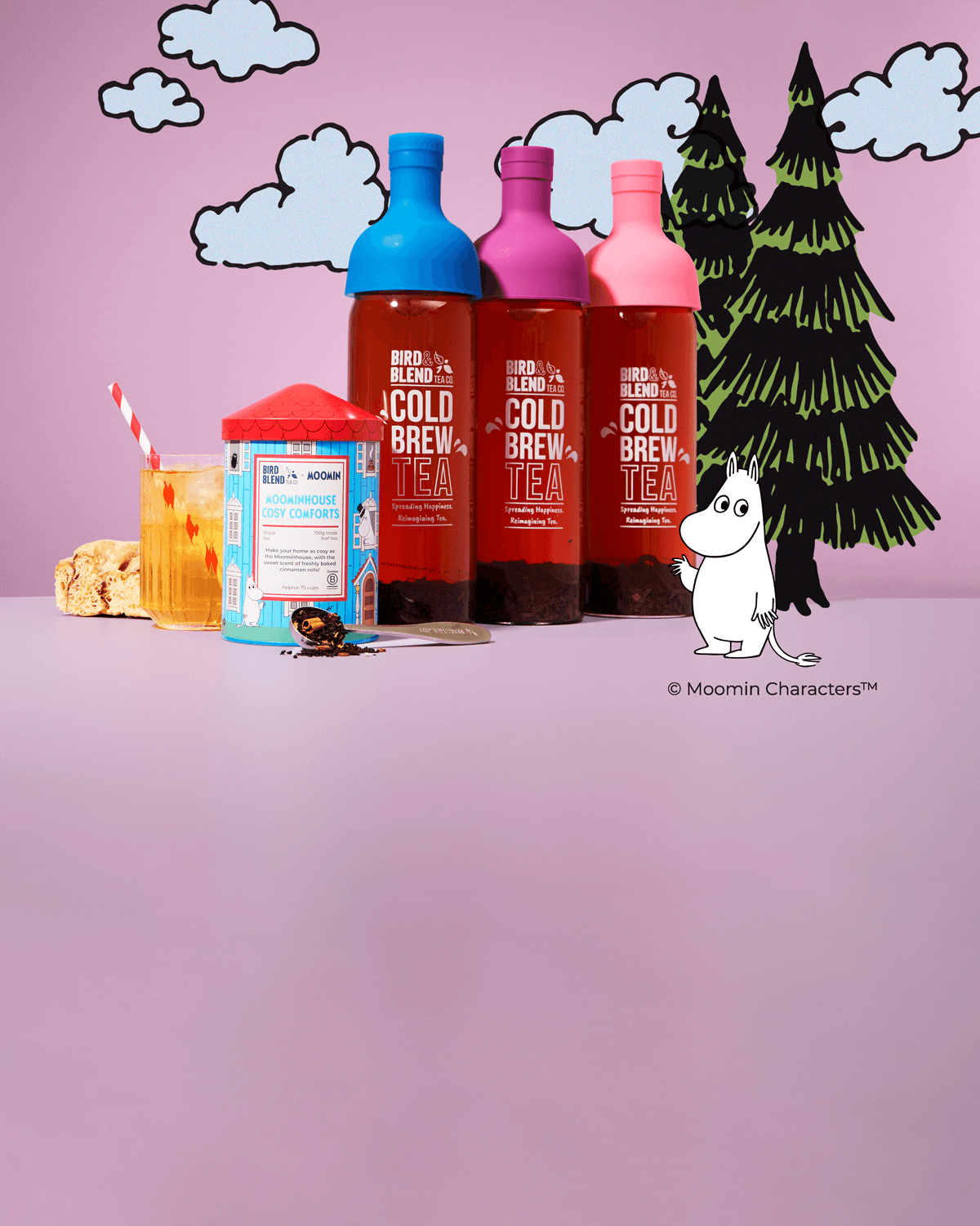 moominhouse cosy comforts tea tin & all three cold brew tea bottle colourways peachy pink plum purple & sapphire blue & iced tea