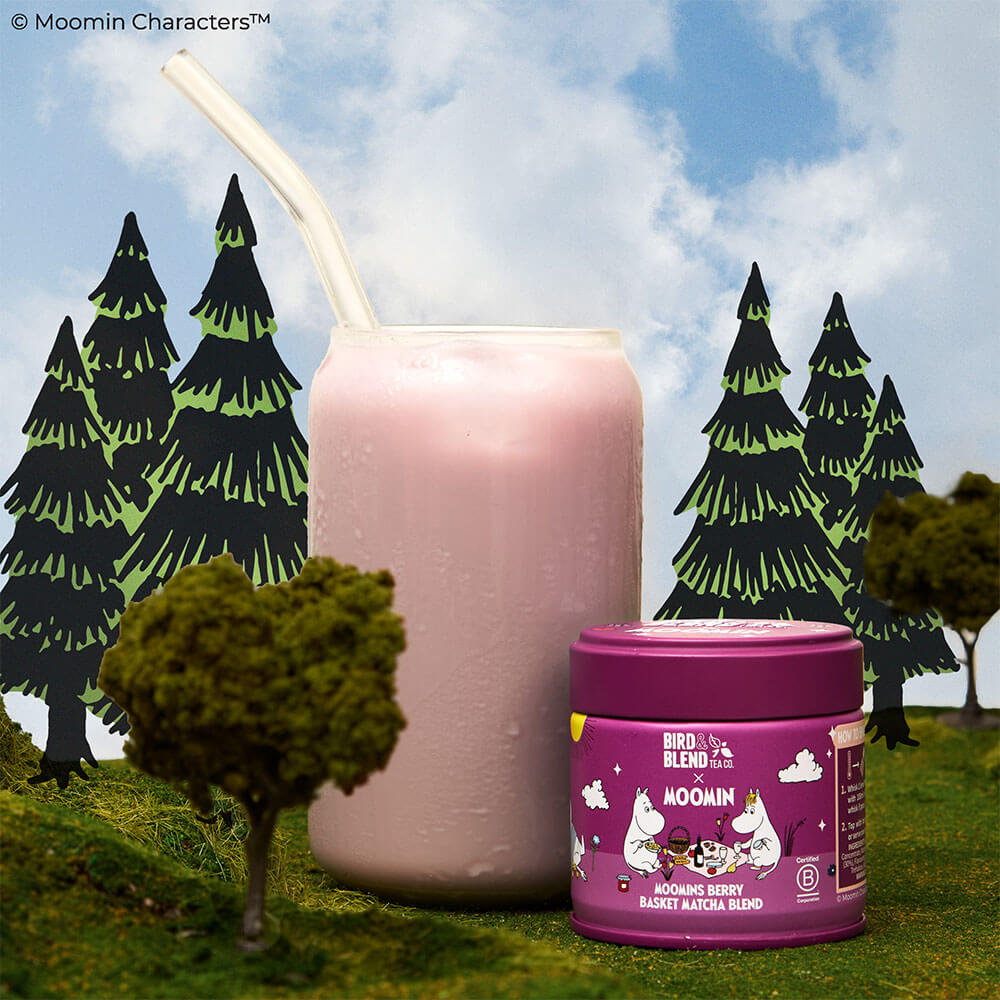moomins berry basket matcha blend tin &amp; iced matcha latte