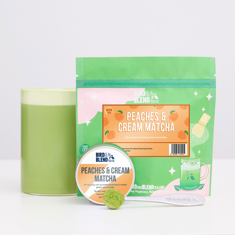 peaches and cream matcha tea tin and pouch