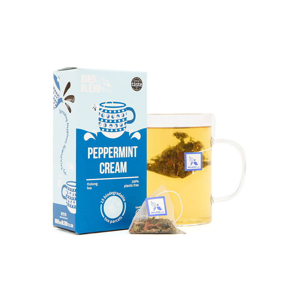 peppermint cream tea bag gift with hot tea