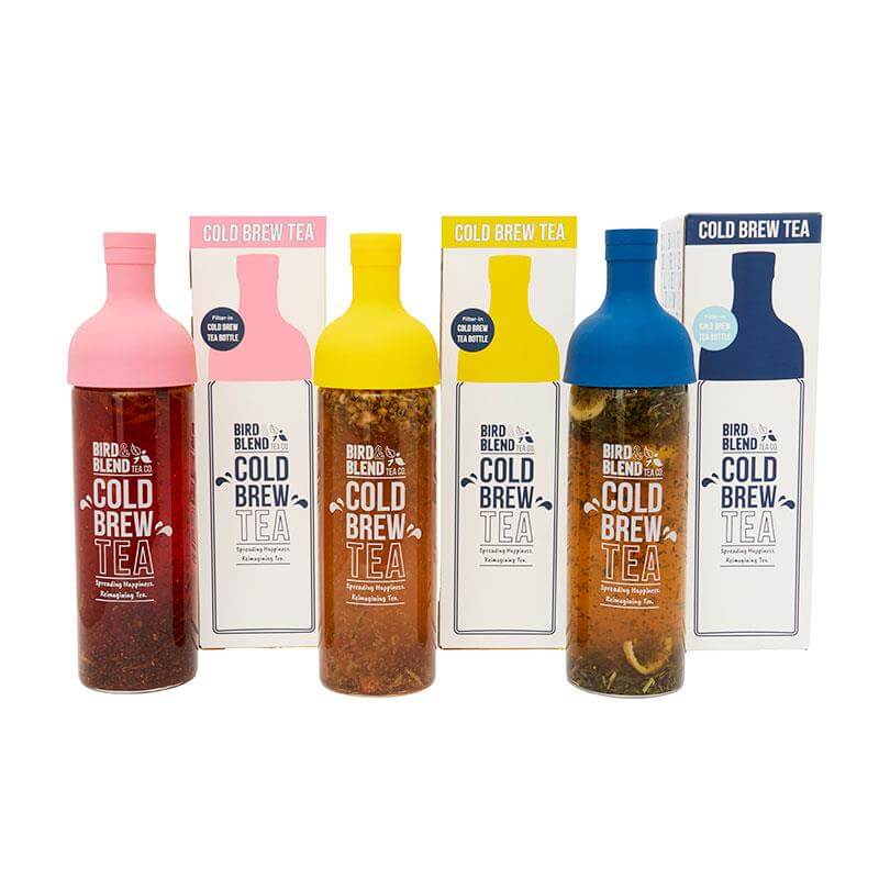pink, yellow and blue cold brew tea bottle and packaging