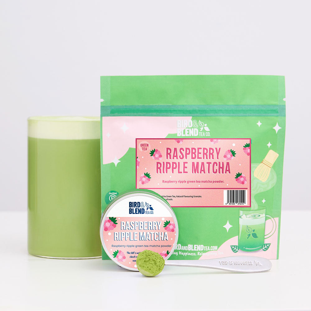 raspberry ripple matcha tea tin and pouch