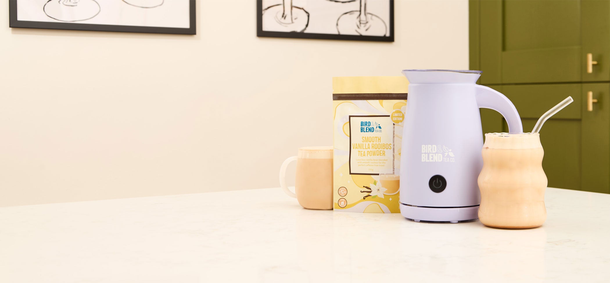 smooth vanilla rooibos tea powder & soft lilac matcha latte magic whisk & hot tea latte