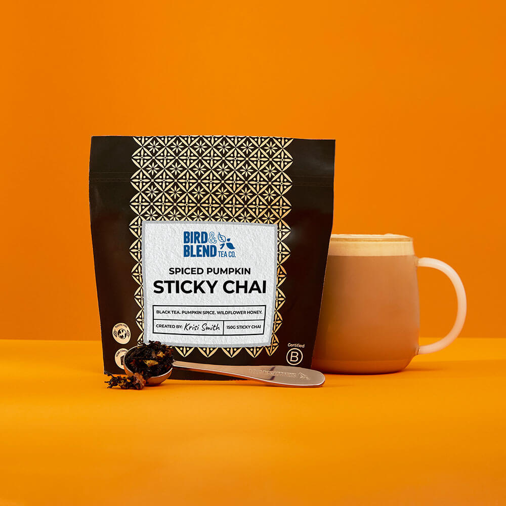 spiced pumpkin sticky chai & spoon filled with sticky chai & hot sticky chai latte