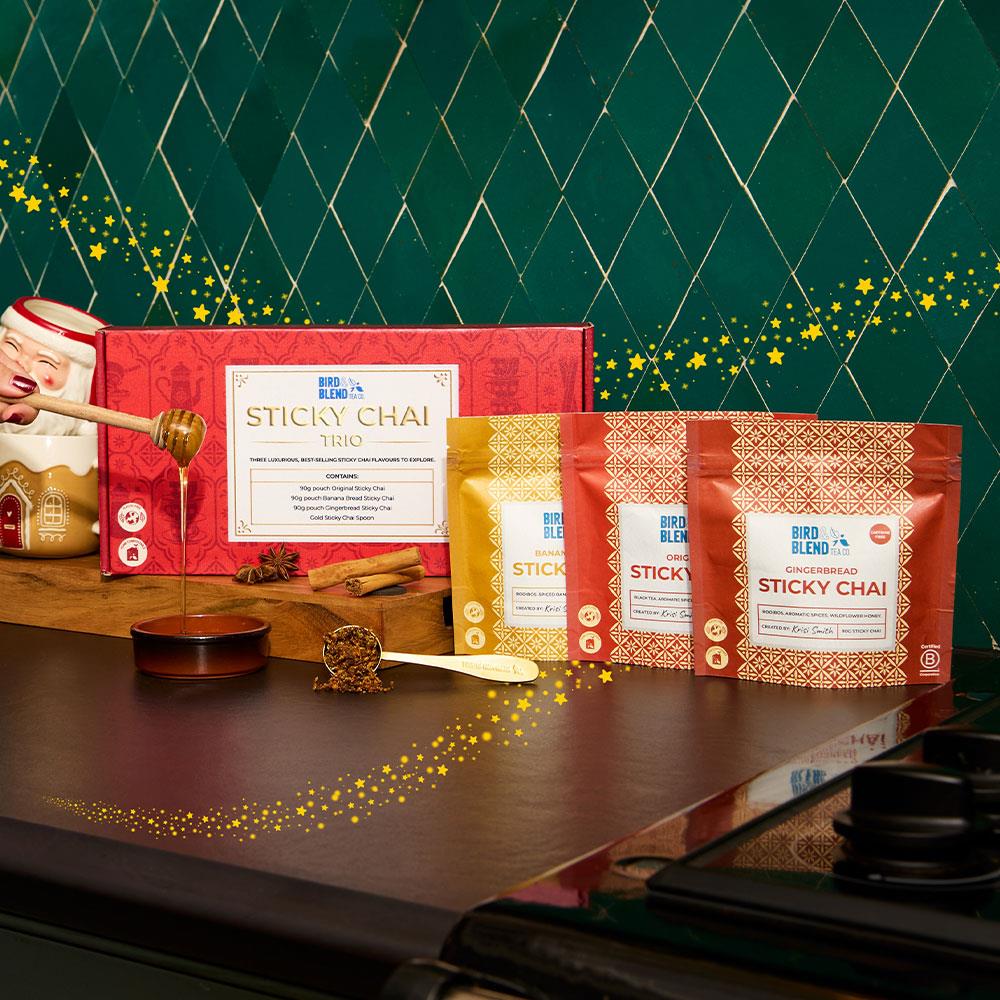 sticky chai trio pouches christmas gifting with box and golden tea spoon