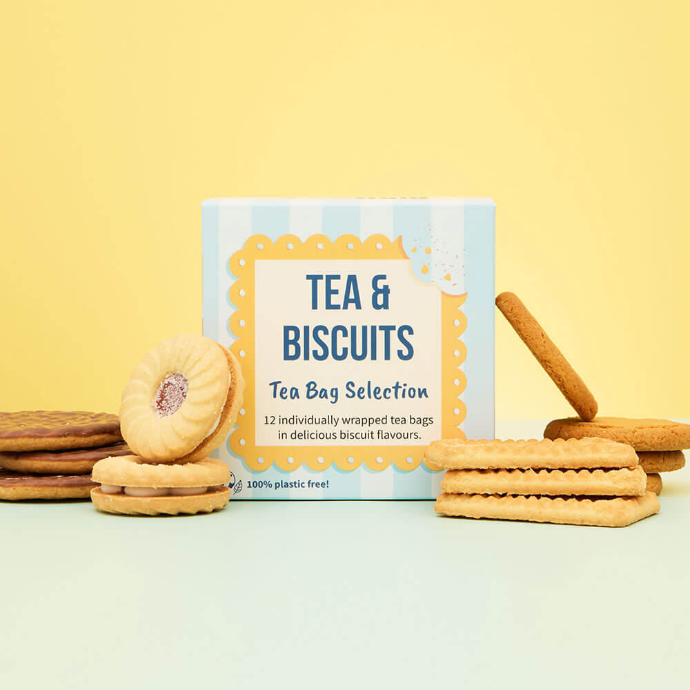 tea & biscuit tea bag selection gift cube with assorted biscuits
