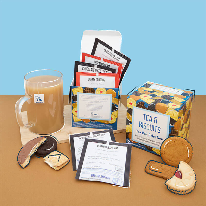 tea and biscuit tea bag selection gift cube and biscuits