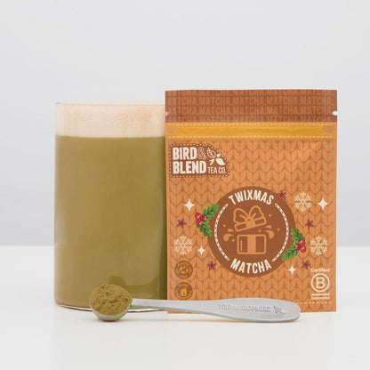 twixmas matcha with pouch of matcha and perfect tea spoon