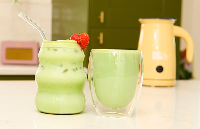 hot and iced matcha lattes using matcha latte whisk