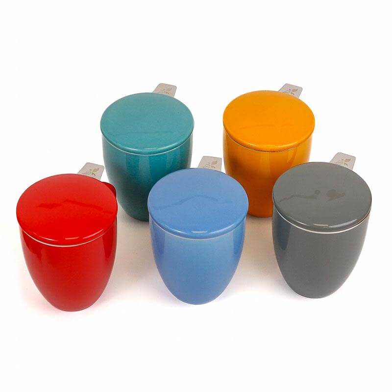tea infuser mugs with lids in multiple colours