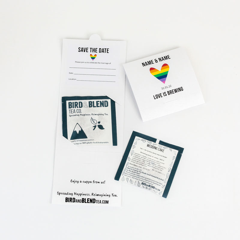 wedding save the date tea cards rainbow heart design
